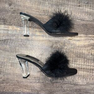 PLEASER Black Feather Slipper Heels Clear 3.5” Heel Sz 6